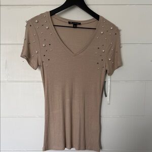 INC International Concepts Beige Embellished Short Sleeve Top